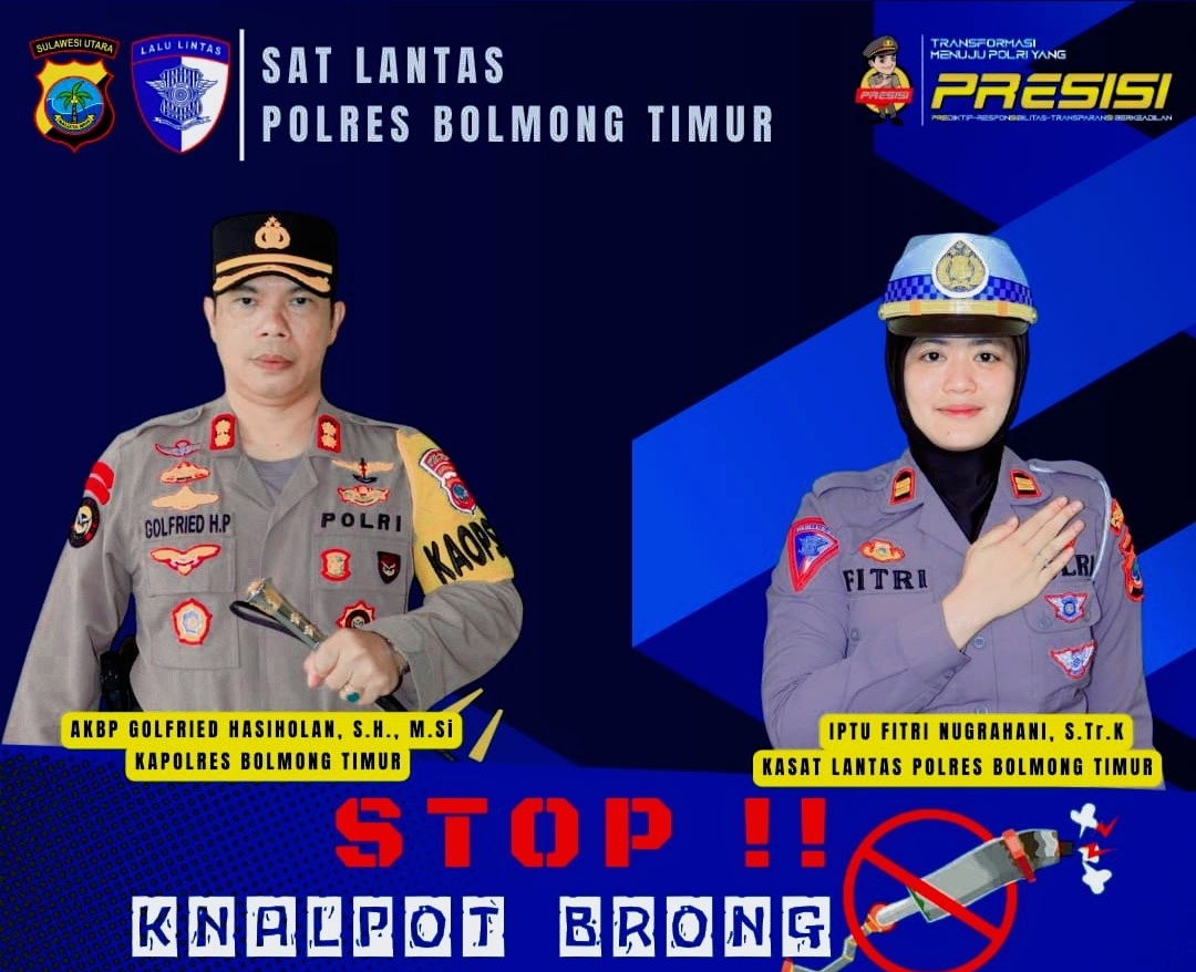 (Foto:Kapolres Boltim, AKBP Golfried Hasiholan Pakpahan, S.S.T., S.H., M.Si., M.Mar.Eng.,dan Foto Kasat Lantas Polres Boltim IPTU Fitri Nugranani, S.Tr.K.,)